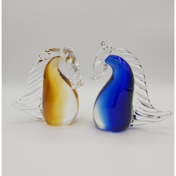 Vintage Glass Horse Bust Set of 2 Amber & Blue Figurines Home Decor - Picture 2 of 11
